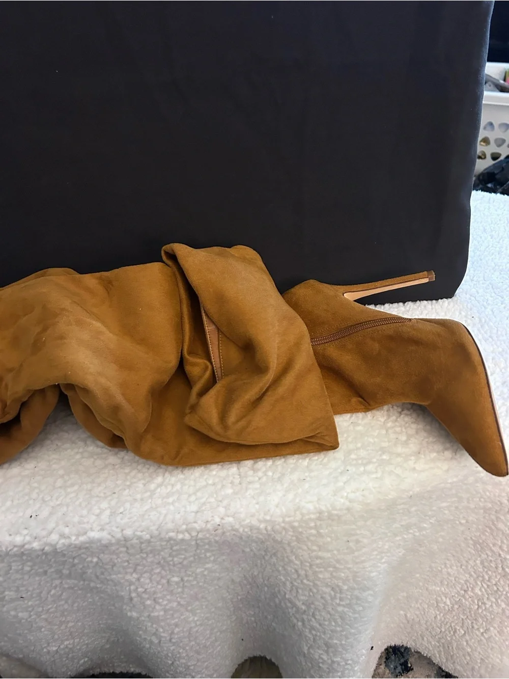 Suede Pointed-Toe Over-the-Knee Boots in Cognac